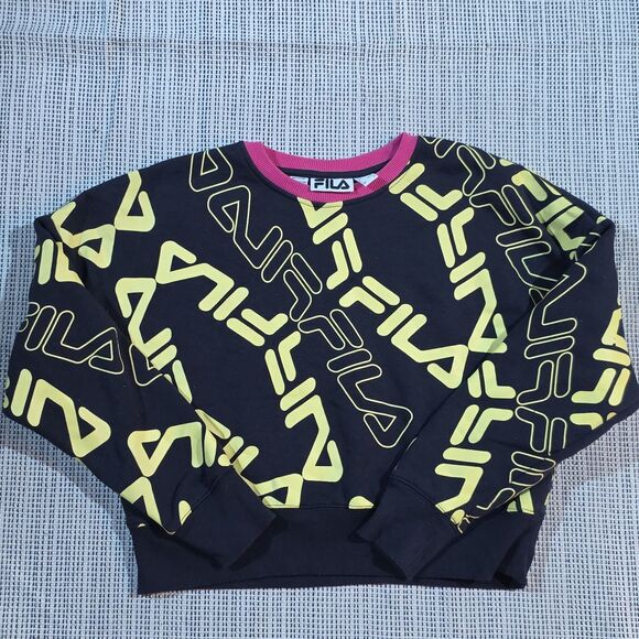 Fila Tops - FILA Womens S Pullover Cropped Sweatshirt Long Sleeve Crew Neck Black Yellow